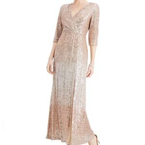 R&M Richards 12P Hombre Sequin Gown Dress Rose Gold Tones V Neck Faux Wrap